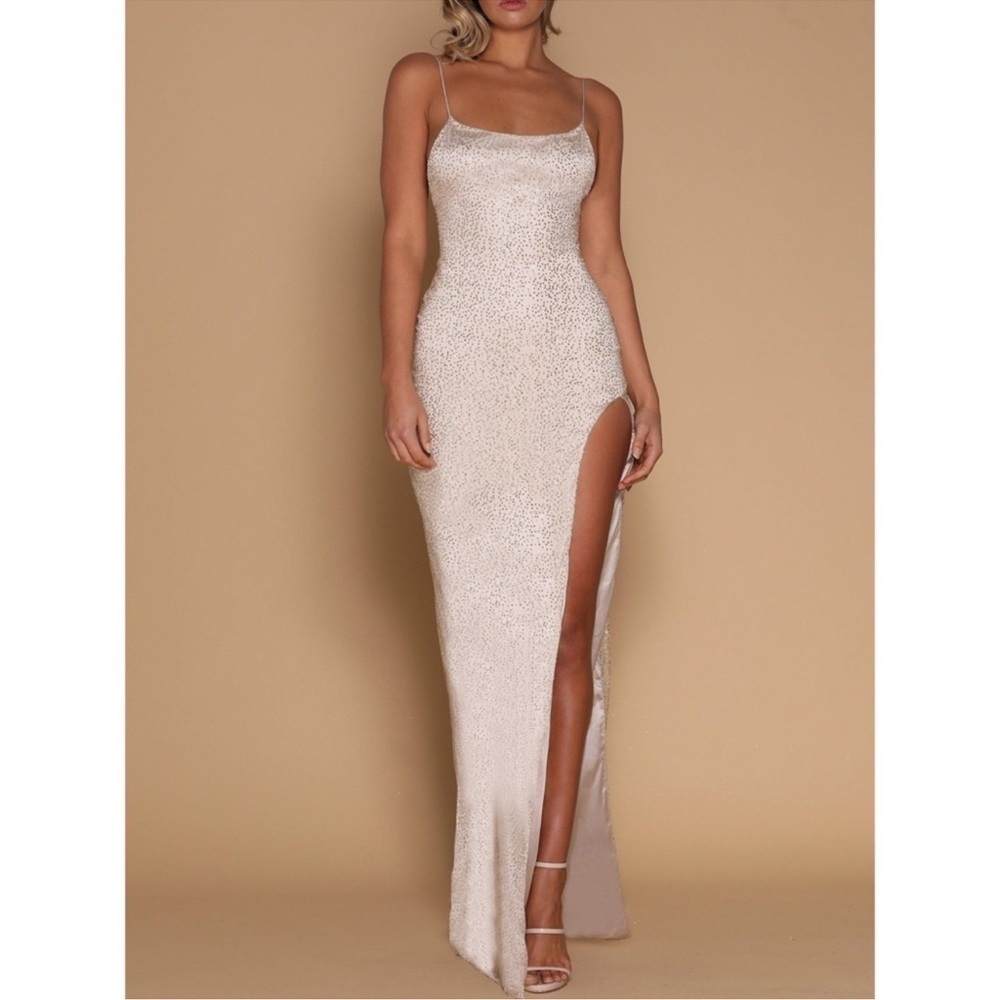 Meshki Stella Jewelled Maxi Dress High Slit Rose Gold Champagne NWT